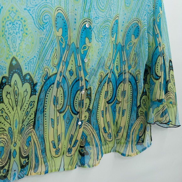 Y2K Sheer Paisley Top Womens L Turquoise Green‎ Boho Flowy Top Retro Peasant - Picture 10 of 11